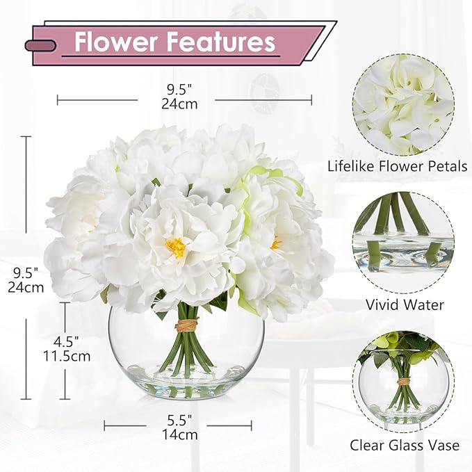 Fake Flowers in Vase White Peonies Artificial Flowers Real Touch Faux Flowers - Image 2