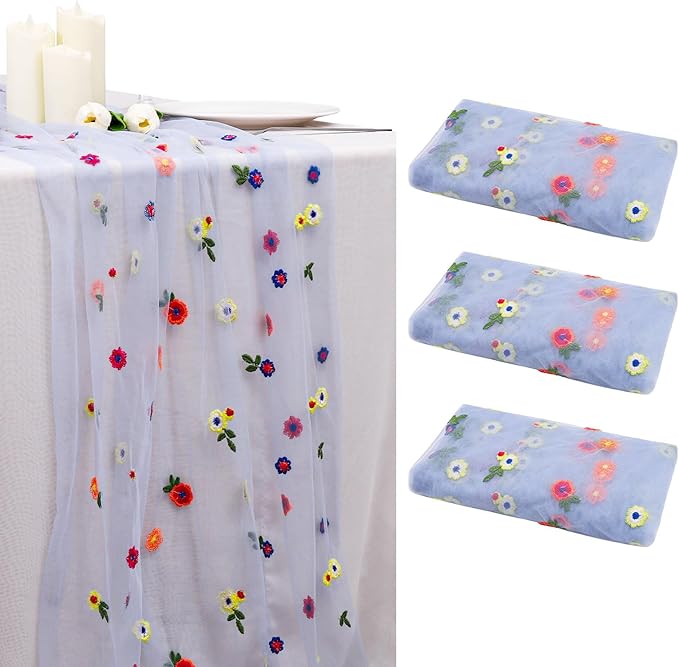 BINBE 3pcs Daisy Fall Table Runner Embroidery Gauze 10FT Florals Seasonal Tulle by BINBE