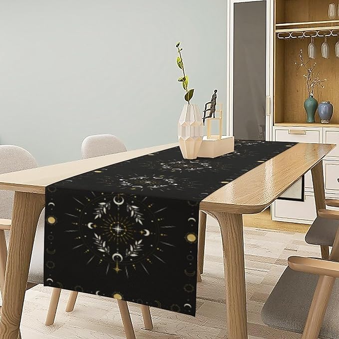 Sun Moon Table Runner, Magical Leaves Mysterious Western Traditional Elements - Image 7