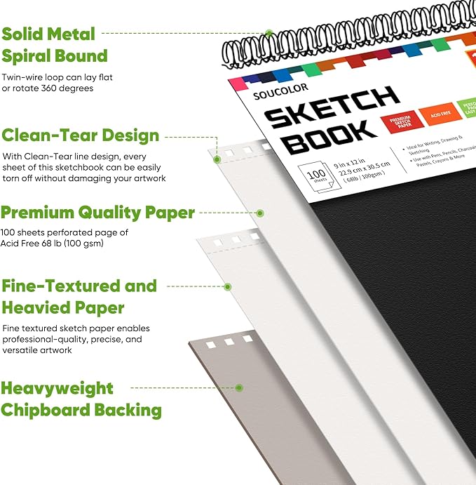 Soucolor 9" x 12" Sketch Book, Acid Free Artist Drawing Book Paper Painting - Image 2