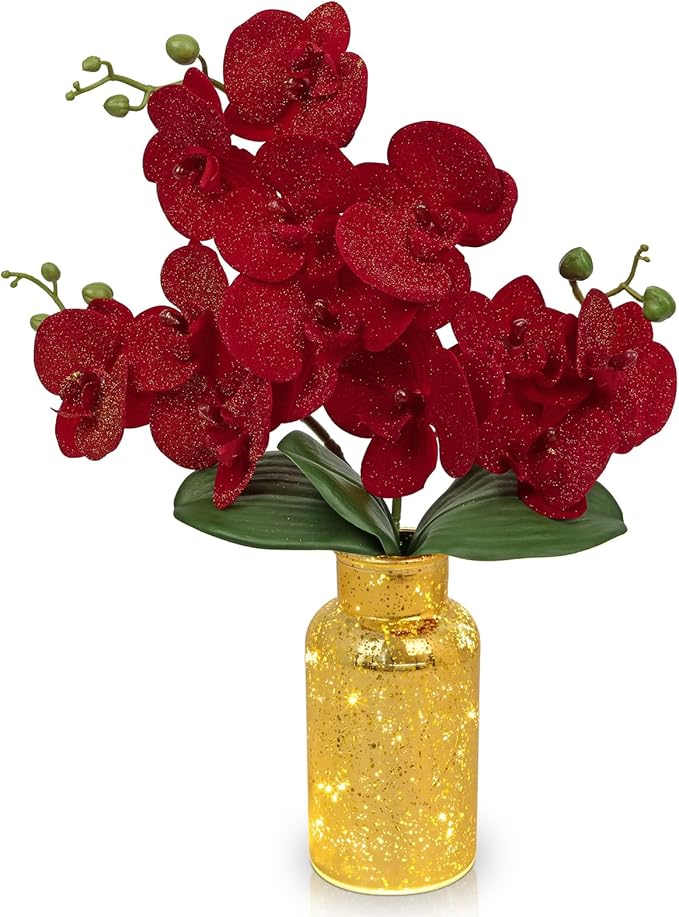 Red Orchids Artificial Flowers Faux Orchid Arrangement - Image 8