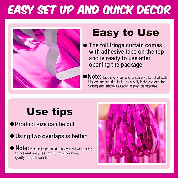 6 Pack Fuchsia Foil Fringe Curtains Backdrop, 3.28 x 8.2 Ft Metallic Streamers - Image 3