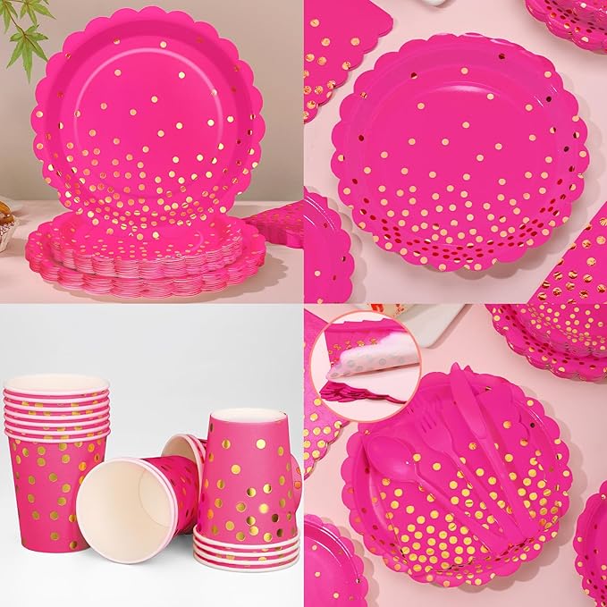 175Pcs Pink Party Supplies, Hot Pink Paper Plates and Napkins Include Scalloped - Image 6