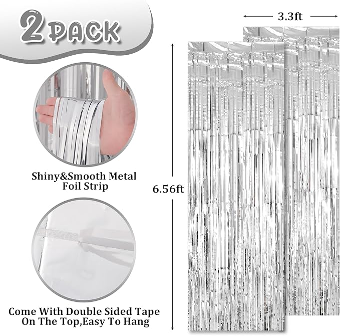 2 Pack Silver Tinsel Foil Fringe Curtains, Metallic Tinsel Party Streamers - Image 3