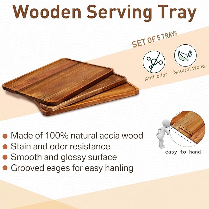 Roowest 5 Pack Solid Acacia Wood Serving Trays - Image 4