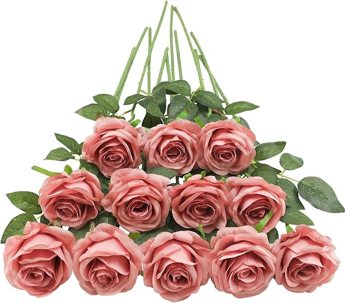 Tifuly Dusty Pink Roses Artificial Flowers -12 Pcs Long Stem Silk Roses by Tifuly