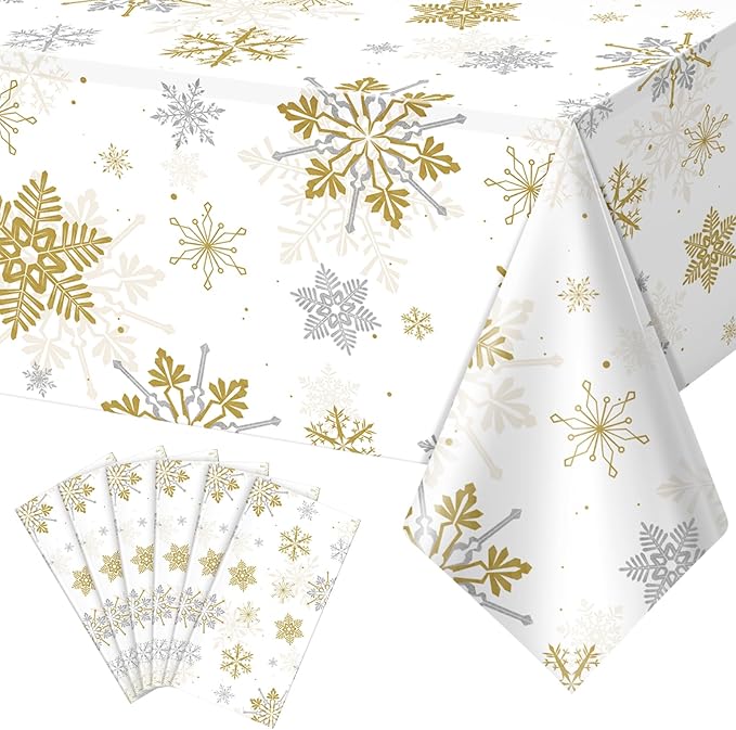 6Pcs Christmas Snowflake Party Tablecloths Decorations, Plastic White and Gold by JectivsPartyDecorations