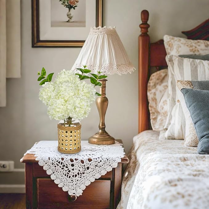 Hollyone White Hydrangea Artificial Flowers in Woven Glass Vase - Image 3