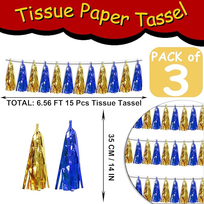 3PNavy-Blue Gold Metallic Fringe Tassel Banner Garland Foil Tinsel Streamer - Image 2