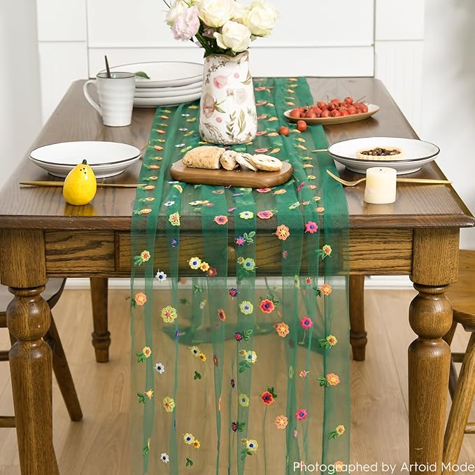 Artoid Mode Dark Green Embroidery Daisy Gauze Table Runner 120 Inch 10FT - Image 2