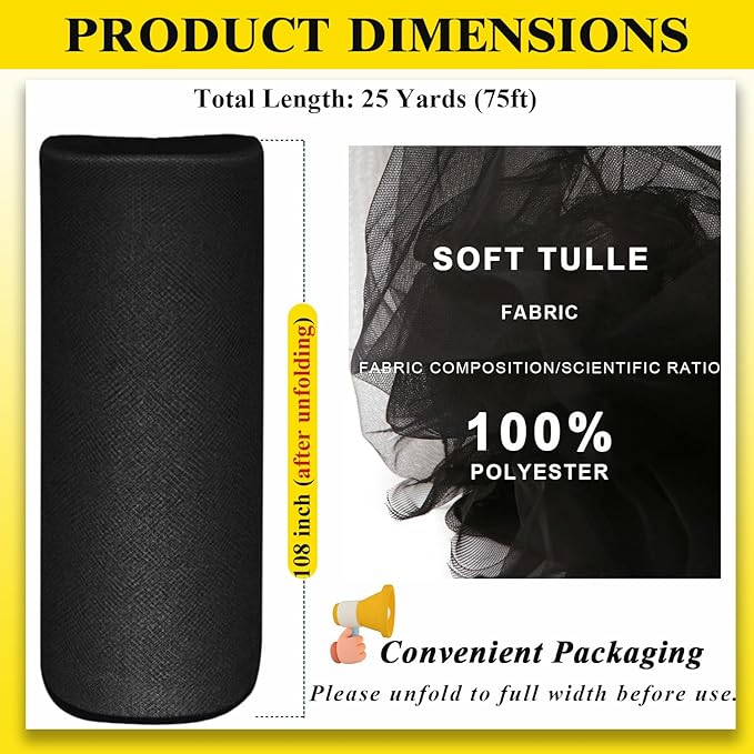 108 Inch 25 Yards Black Tulle Fabric Roll, Extra Large Matte Tulle Netting Bolt - Image 2