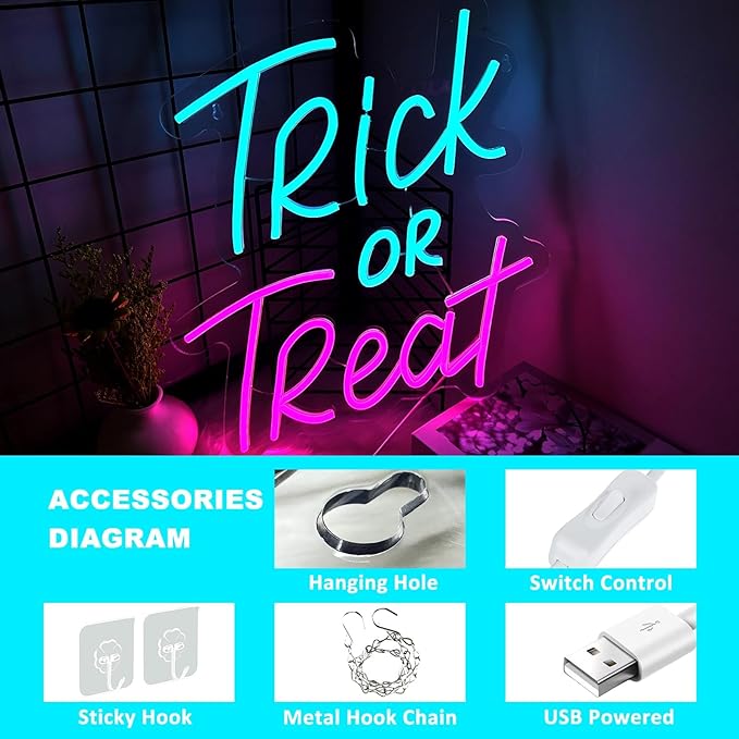 Trick or Treat Neon Sign Halloween, USB Halloween Neon LED Light - Image 4