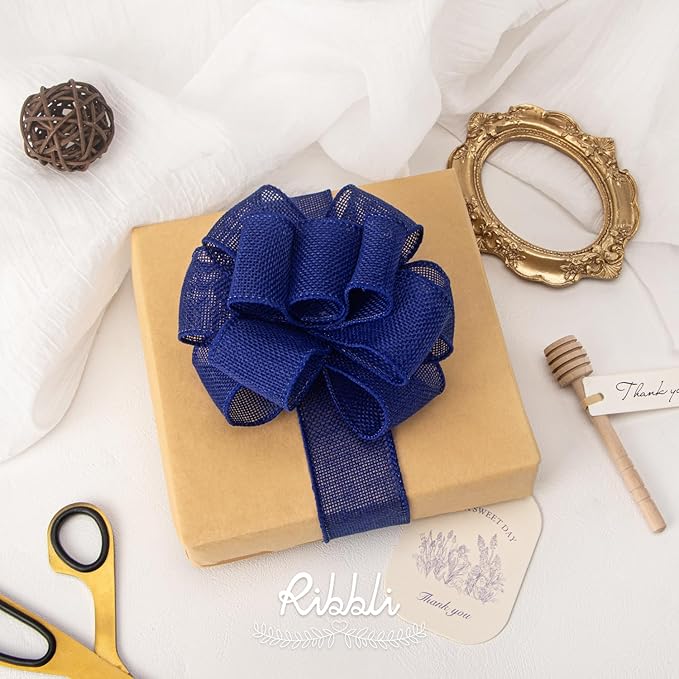 Ribbli Royal Blue Burlap Wired Ribbon, 1-1/2 Inch x 10 Yard, Dark Blue Wired - Image 3