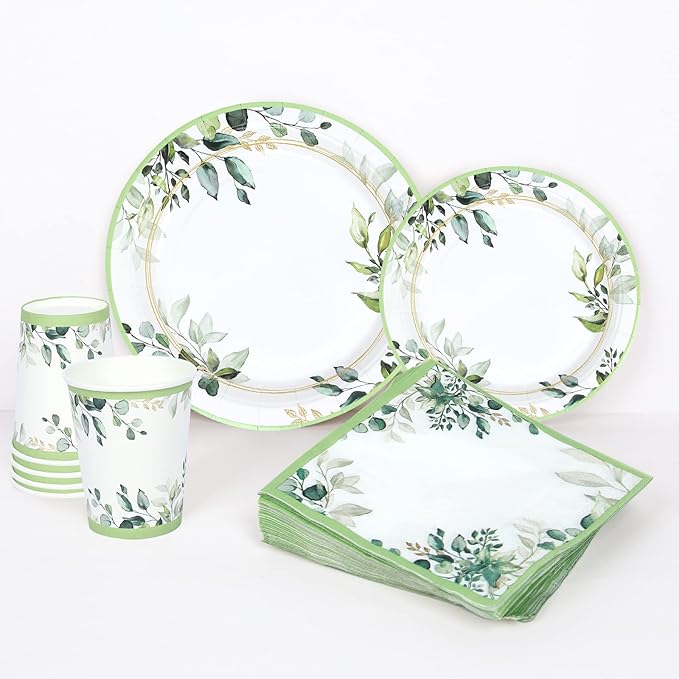 Green Party Plates Supplies, Sage Green Paper Eucalyptus Leaf Plates and Napkins - Image 3