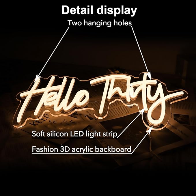 Warm White Hello Thirty Neon Sign 30th Birthday Party Neon Sign - Image 4