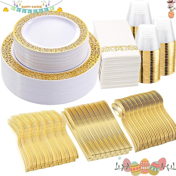 WELLIFE 350Pcs Gold Dinnerware Sets, Plates and Napkins Party Supplies - Image 8