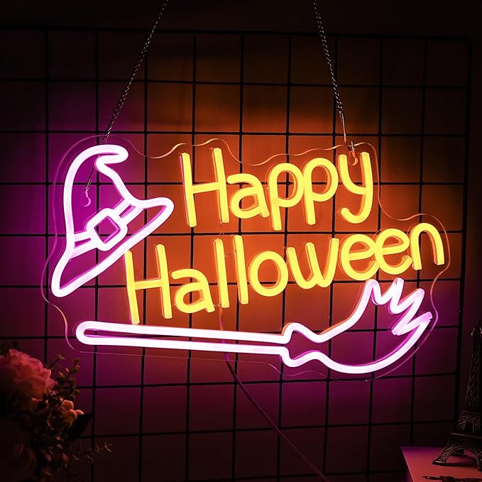 Happy Halloween Neon Sign Witch Hat Neon Sign Dimmable Broom Led Wall Decor - Image 2