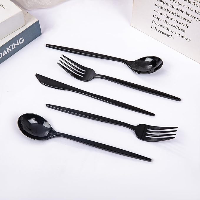 PULOTE 150PCS Black Plastic Silverware Set Disposable - Image 3