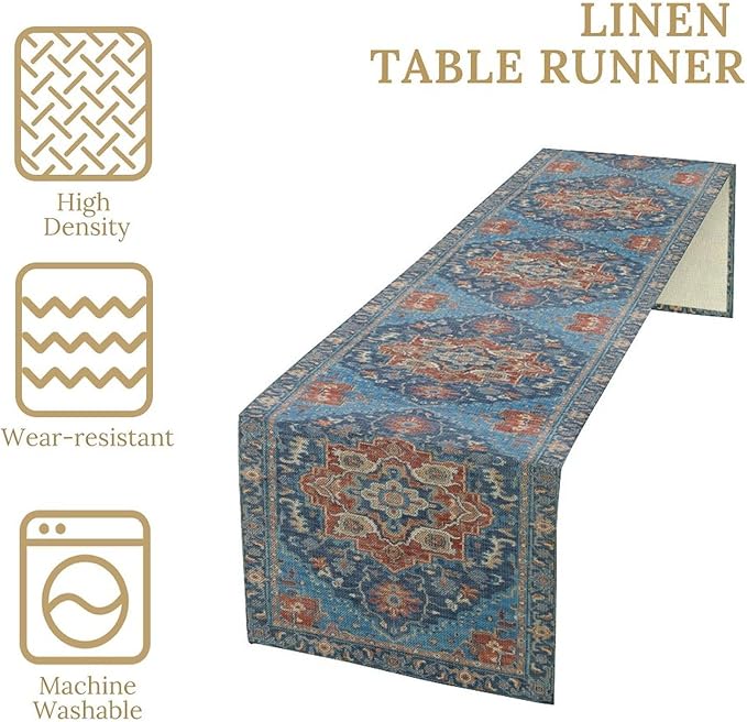 Boho Floral Vintage Table Runner, Retro Abstract Blue Flower Rustic Country - Image 5