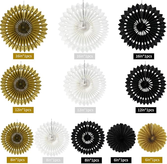 BEISHIDA Black Gold White Hanging Honeycomb Round Paper Fans Decoration Set - Image 2