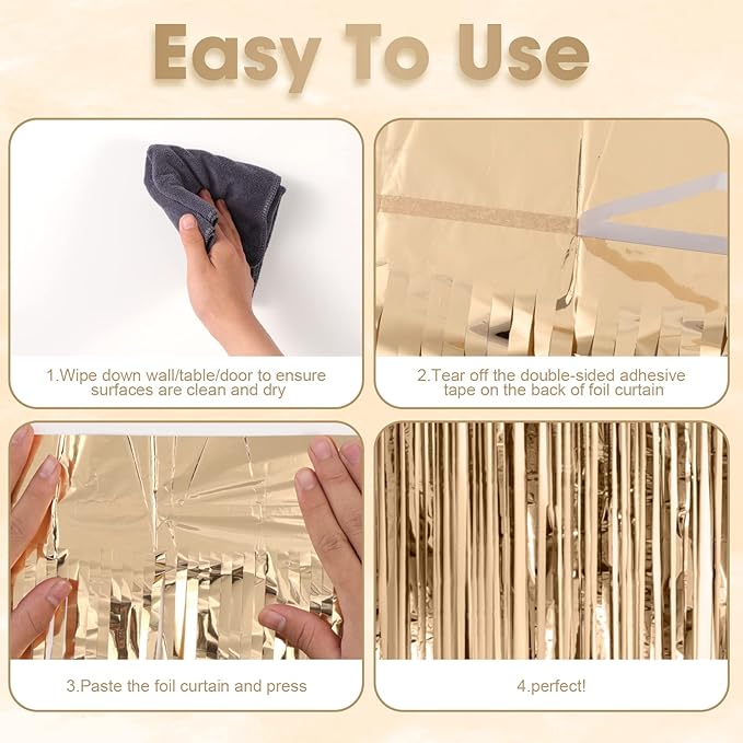 2 Pack Champagne Foil Fringe Backdrop Curtains, Tinsel Streamers Birthday Party - Image 4