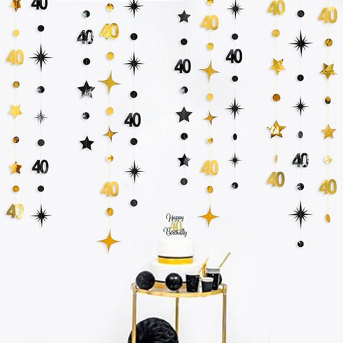 Black Gold 40th Birthday Decorations Number 40 Circle Dot Twinkle Star Garland - Image 5