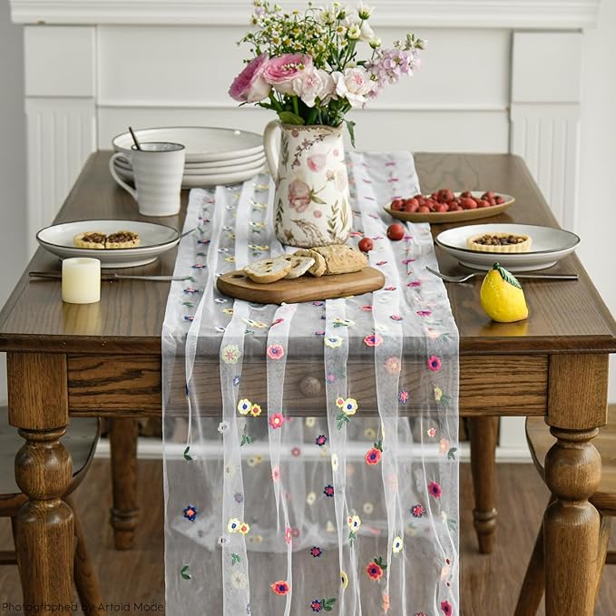 Artoid Mode 6PCS Embroidery Daisy Gauze Table Runner 120 Inch 10FT, Seasonal - Image 3