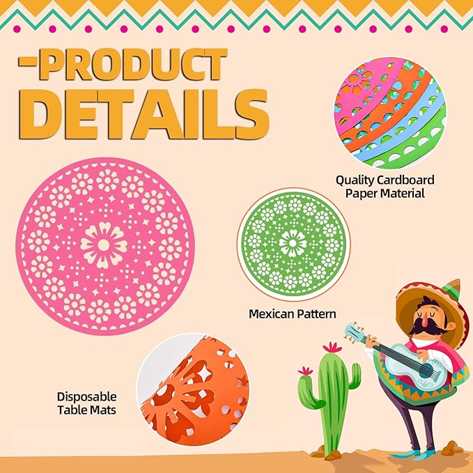 32 Pieces Fiesta Paper Place Mats 14" Mexican Papel Picado Cinco De Mayo - Image 3