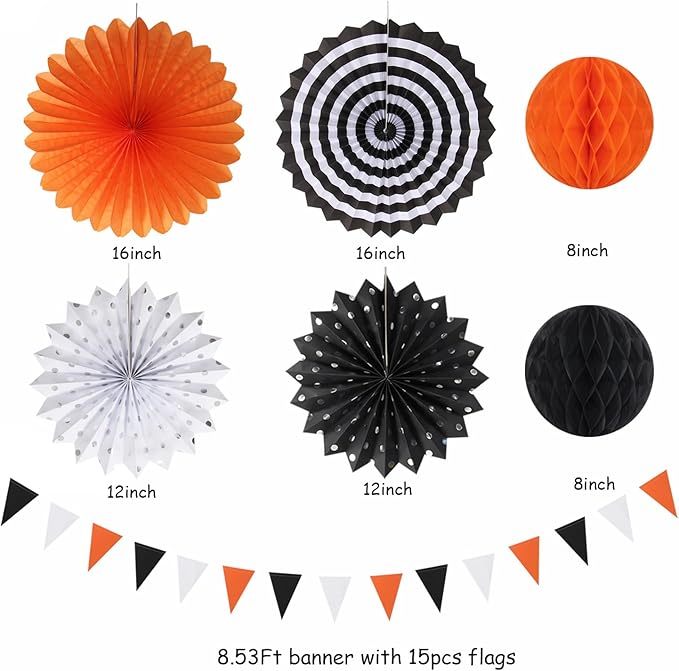 Orange-Black White Party-Decorations Paper-Flowers Lanterns - Image 2