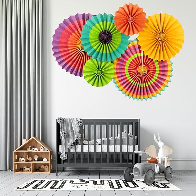 SUNBEAUTY Pack of 6 Hanging Paper Fans Party Carnival Circus Round Pattern - Image 6