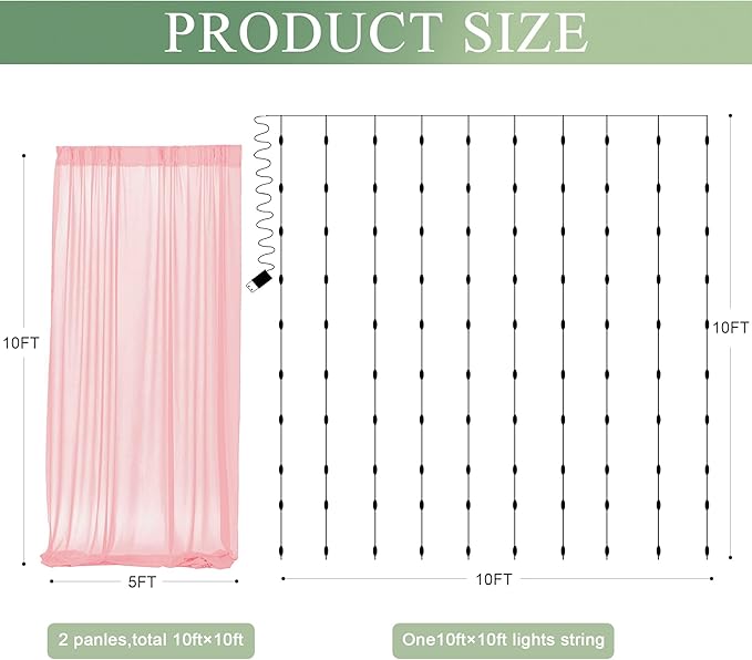 Tulle Backdrop Curtain with Lights String 10FT X 10FT Peach Sheer Tulle - Image 2