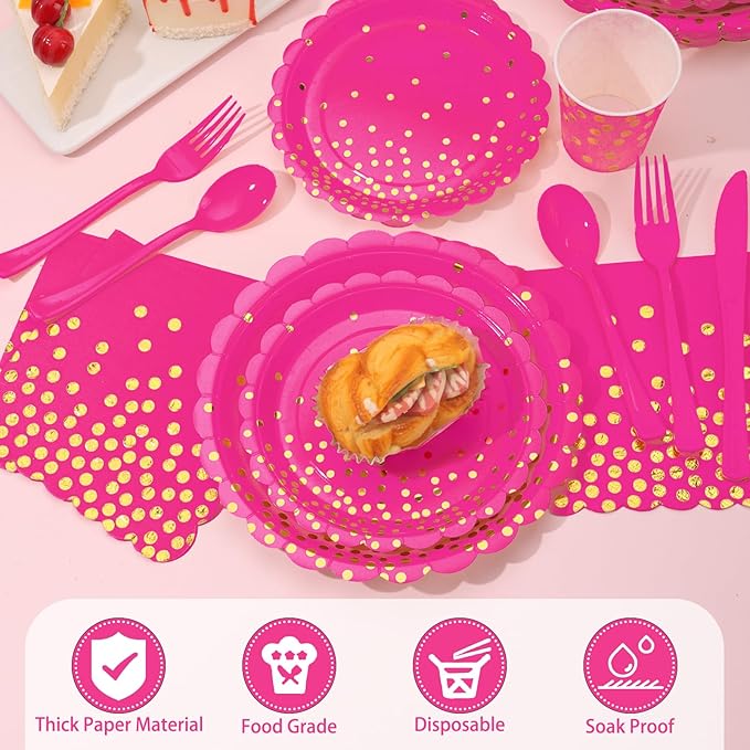 175Pcs Pink Party Supplies, Hot Pink Paper Plates and Napkins Include Scalloped - Image 5