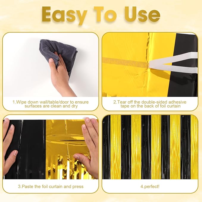2 Pack Black and Gold Tinsel Foil Fringe Curtains, Metallic Tinsel Party - Image 4