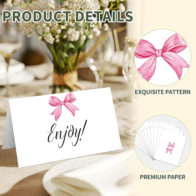 25 Pink Bow Place Cards for Table Seating, Watercolor Wedding Name Place Card - Image 3