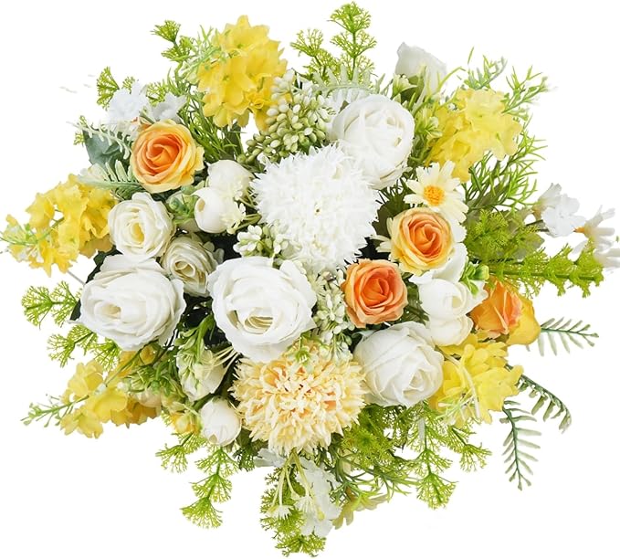 8Pcs Fake Flower Bouquet Artificial Silk Flowers White Yellow Rose Faux Floral by HOENLE