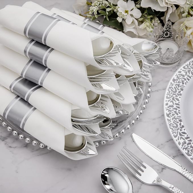 Supernal 60 Pack Pre-Rolled Silver Plastic Cutlery Heavy Duty Wrapped - Image 5