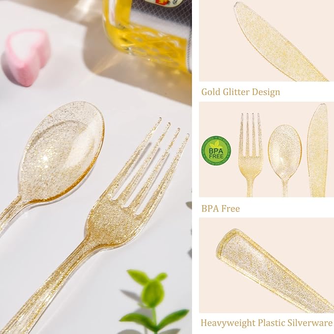 Supernal 300pcs Gold Glitter Plastic Cutlery Disposable Utensils Gold Plastic - Image 7