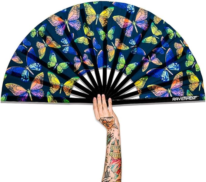 UV Glow Rave Fan, Bamboo Folding Clack Hand Fans Foldable by Raveahem