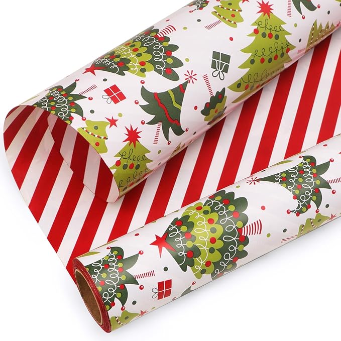 Ribbli Christmas Wrapping Paper Reversible Christmas Tree and Red White Stripe by Ribbli