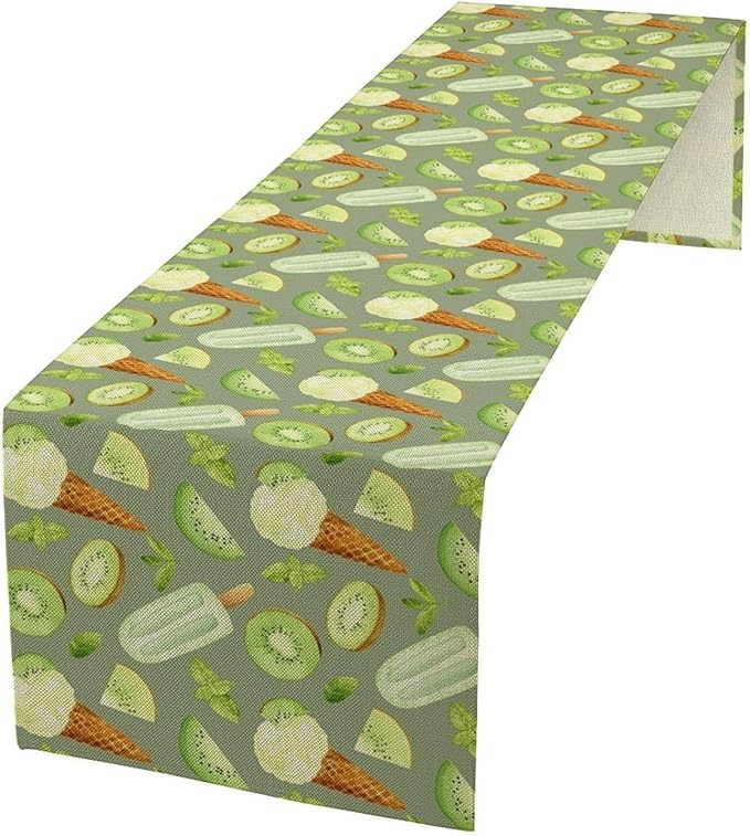 Summer Ice Cream Popsicles Table Runner, Watercolor Green Kiwi Seasonal Fruit by SHElifestyle