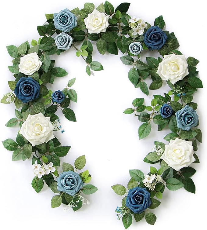 PONATIA 5FT Handcrafted Artificial Rose Flower Garland, Dusty Blue Flowers by ponatia