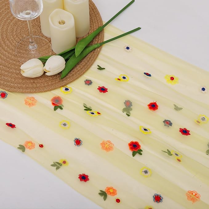 BINBE 6pcs Daisy Fall Table Runner Embroidery Gauze 10FT Florals Seasonal Tulle - Image 2