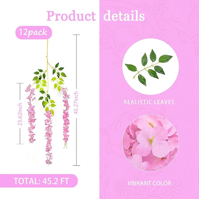 12 Pack Pink Wisteria Hanging Flowers Garland, 3.77 Feet Artificial Flower Vines - Image 4