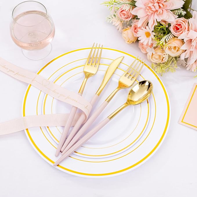 SUT 160Pcs Pink and Gold Plastic Silverware, Heavy Duty Plastic Silverware - Image 2