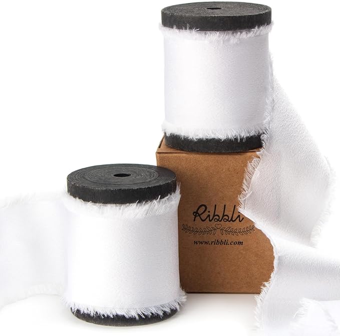 Ribbli White Silk Satin Ribbon 1.5 Inch x 12 Yard Handmade Frayed Chiffon Ribbon by Ribbli