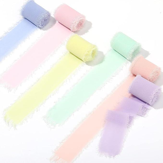6 Rolls Handmade Fringe Chiffon Silk Ribbon 1.5" x 3 Yd Colorful Ribbon - Image 7