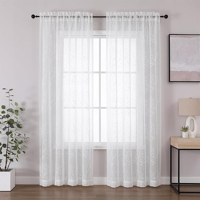 VISIONTEX Sheer Curtains 84 inch Length 2 Panels Set, Decorative White Coral - Image 2