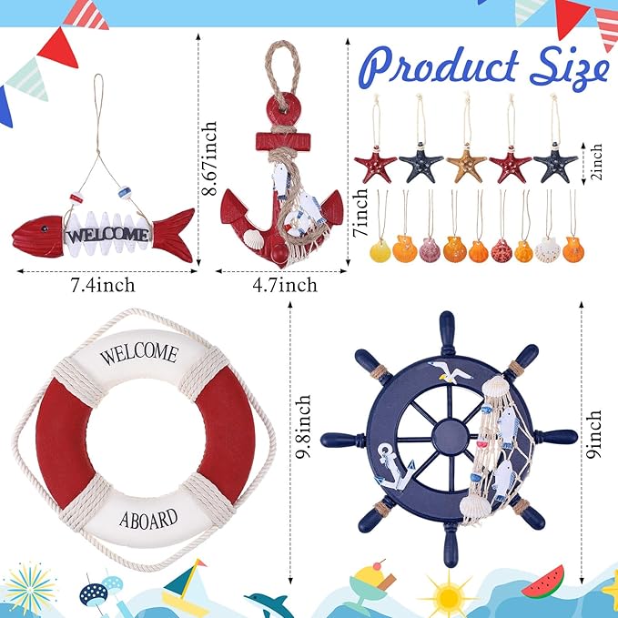 Marsui 11 Pcs Wooden Nautical Wall Decor Fishing Net Decoration, Include - Image 2