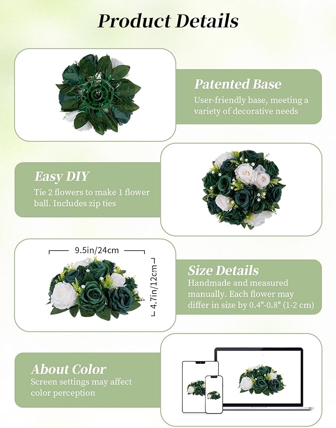 BLOSMON Green Flowers Rose Centerpieces: 6 Pcs Artificial Flower Balls - Image 6