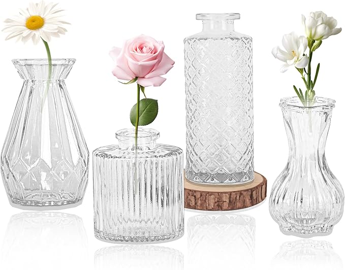 Set of 4 Glass Bud Vase Set, Small Vintage Clear Flower Vase Centerpieces by HAISIWLKJ